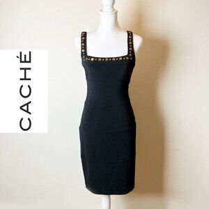 Vintage Cache Black Midi Sheath Dress with Gold/Bronze Studs | Size 4 | EUC